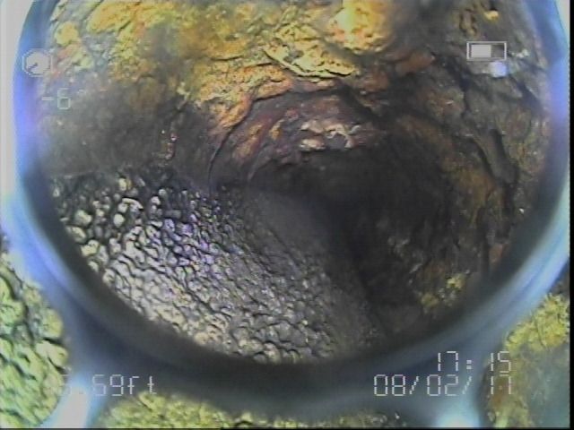 Cast iron drain view with a sewer scope inspection. 